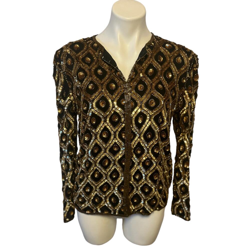 VTG Jacket Cardigan Size Small Gold Black Sequin Silk Cocktail Argyle Formal